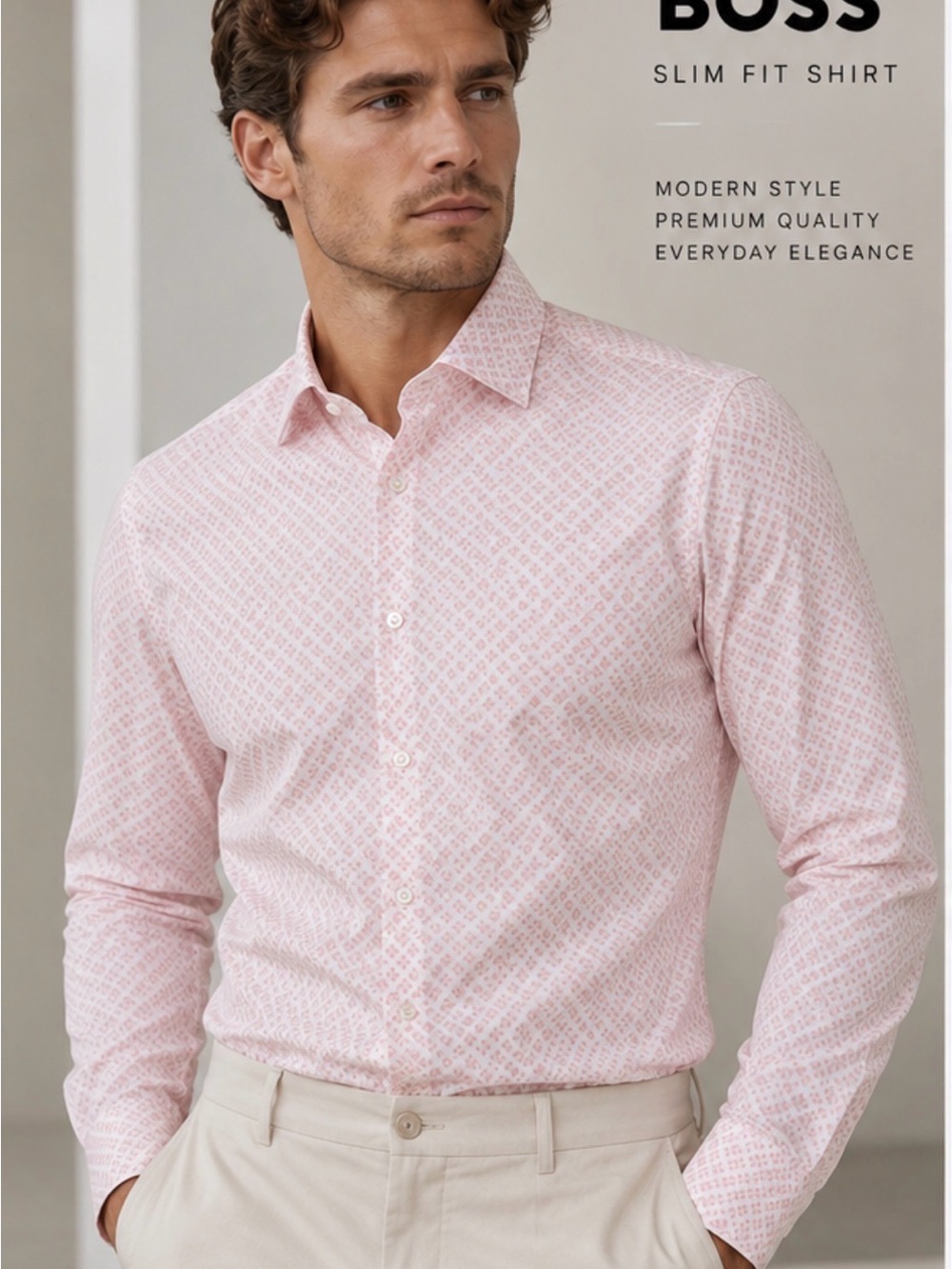 Hugo Boss Light Pink Patterned Slim Fit Dress Shirt